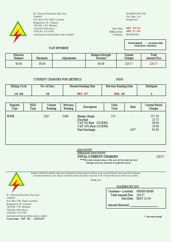 Saint Vincent and the Grenadines St. Vincent Electricity Services Limited busienss utility bill Word and PDF template PSD template